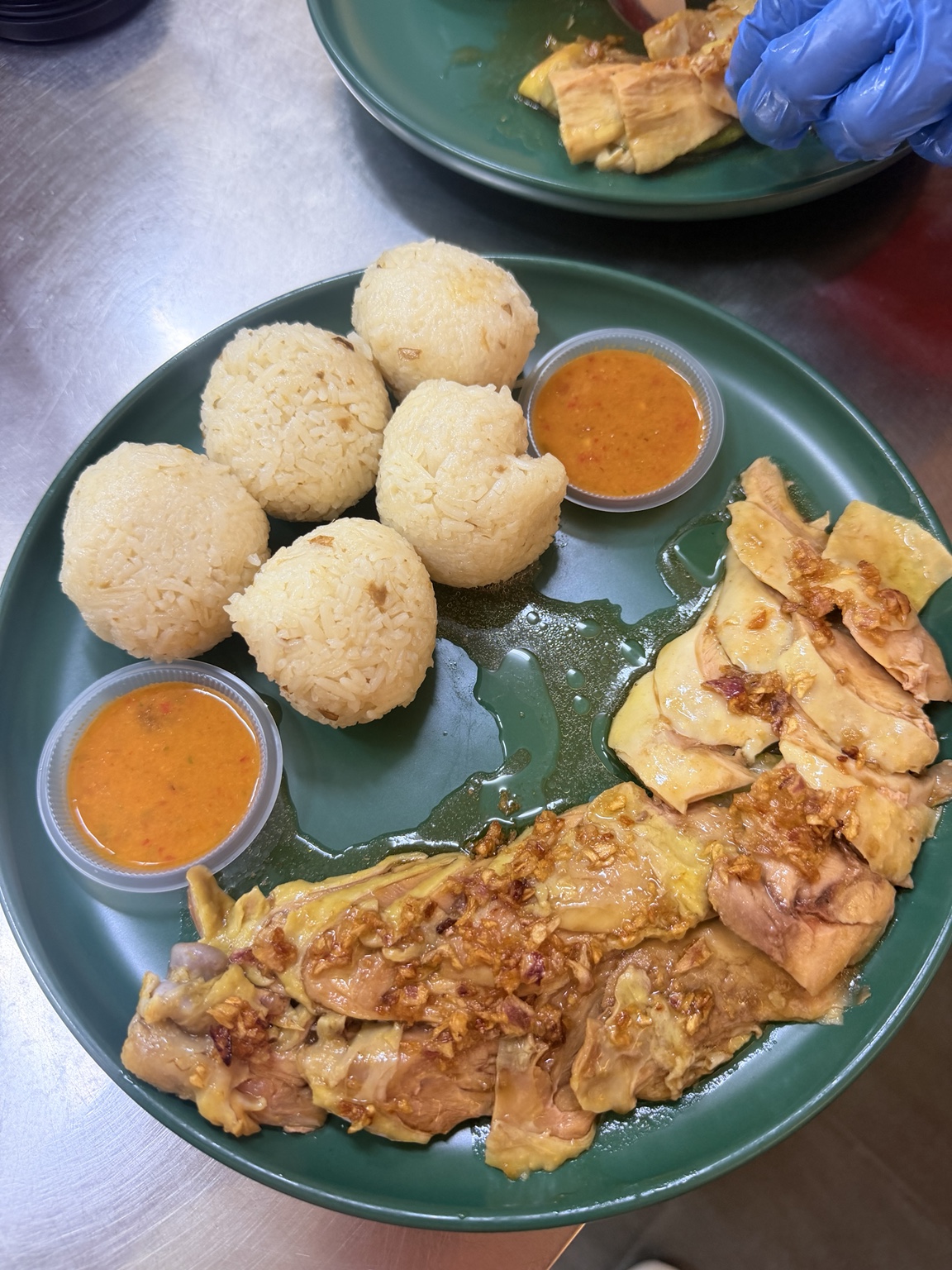 Large Hainanese kampung chicken rice balls with house chilli
